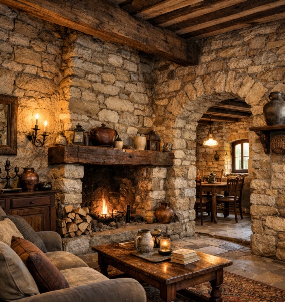 Maison avec des murs en pierre à l’intérieur