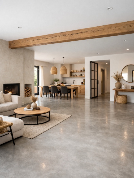Intérieur d’une maison avec un sol en béton ciré.