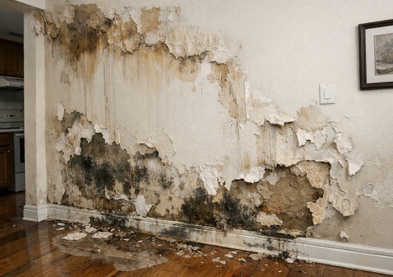 Un mur intérieur de maison a été endommagé par des infiltrations d’eau.