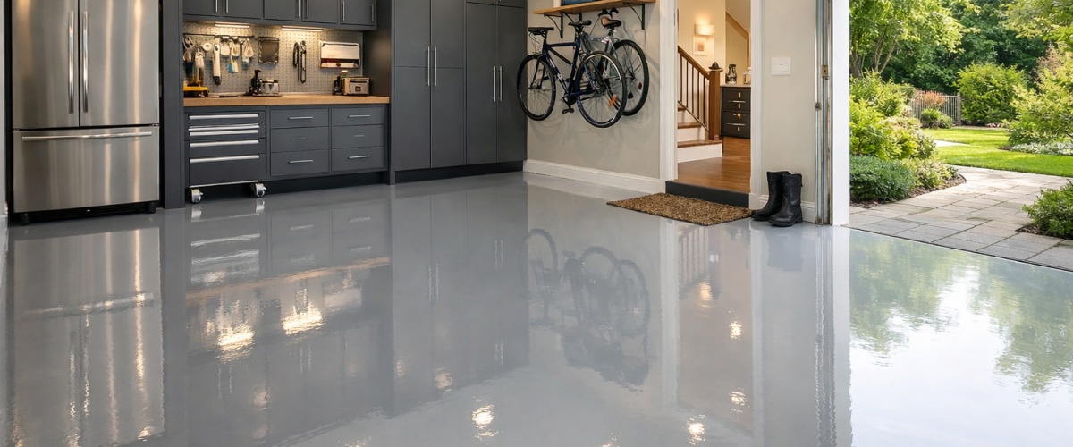 Intérieur d’un garage avec un sol en béton ciré.